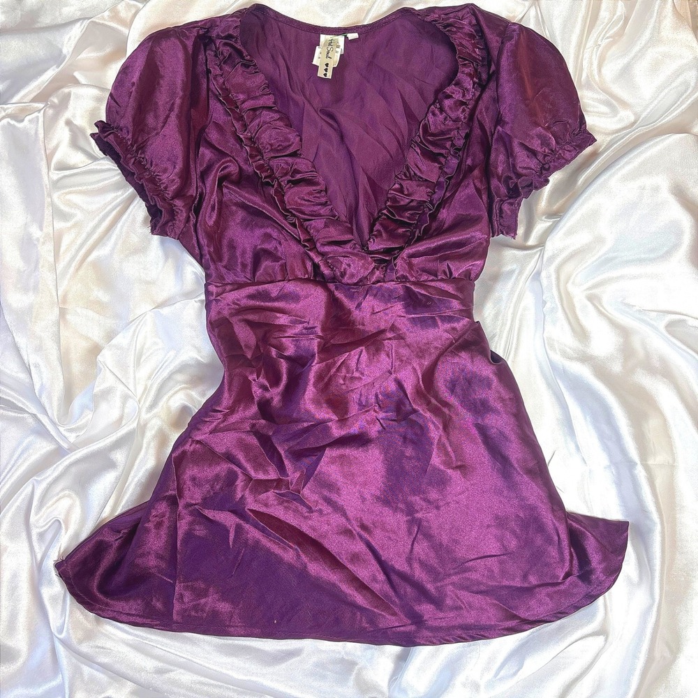 Heart Soul Purple Satin Ruffle V-Neck Babydoll Blouse Short Sleeve Top Large